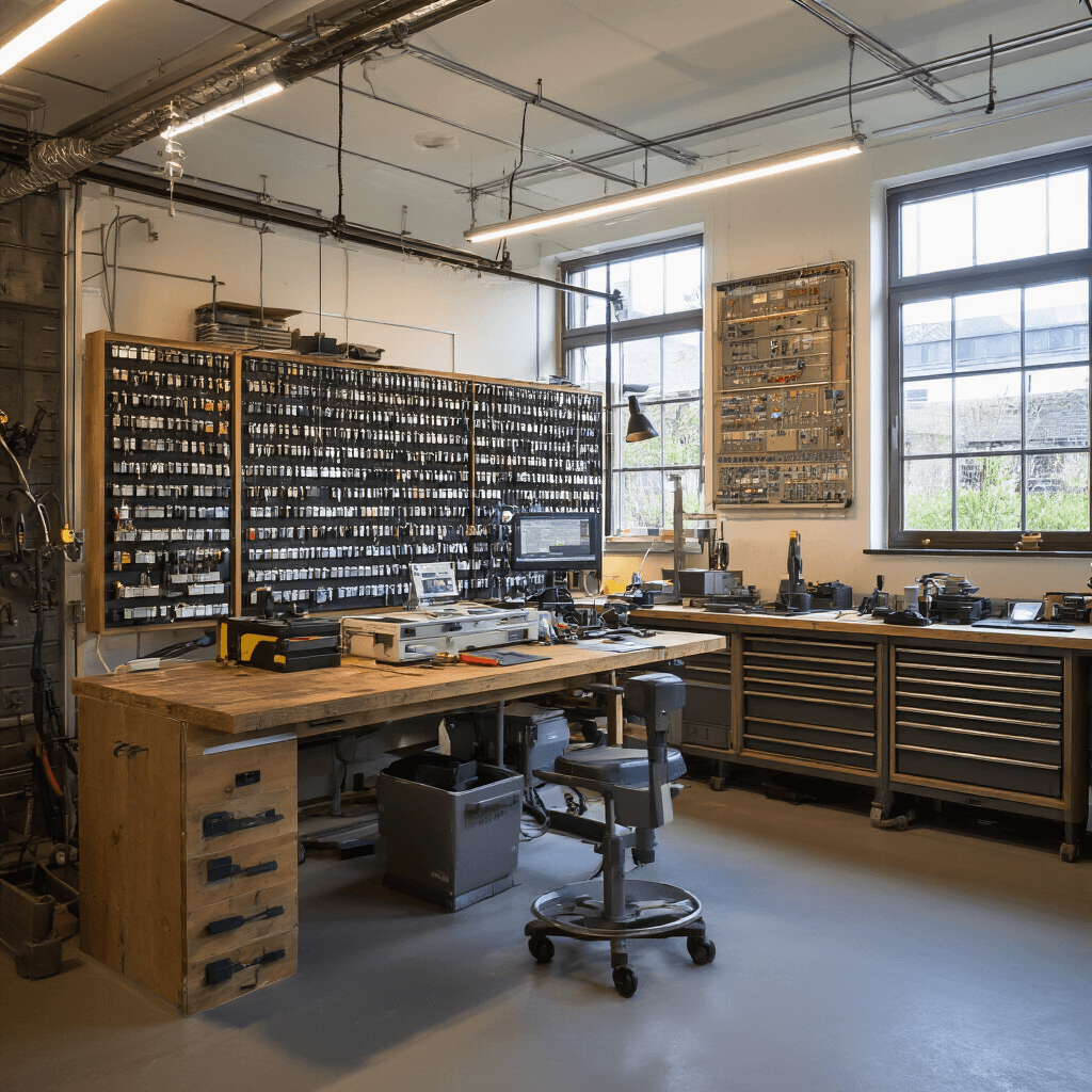 Intieme autosleutelservice met vintage houten werkbank, digitale meetapparatuur, kleurgecodeerde sleutelblanco's, precisie-gereedschap en microscoop, verlicht door natuurlijk daglicht en LED-spots.