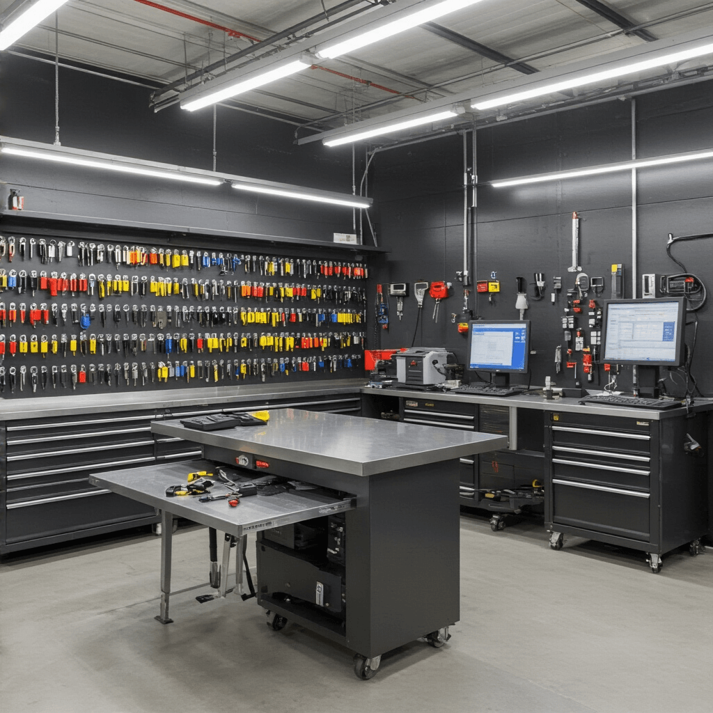 Moderne sleutelservicewerkplaats met L-vormige RVS werkbank, kleurgecodeerde autosleutels, digitaal programmeerapparaat en diverse gereedschappen, onder industriële verlichting en natuurlijk licht.