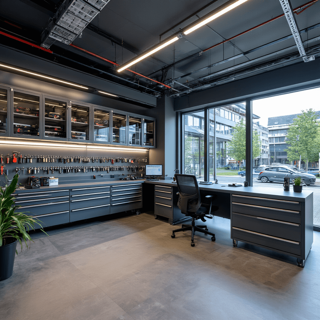 Moderne autosleutelwerkplaats met L-vormige RVS-werkbank, diagnostische apparatuur, vitrinekasten met sleutels, in koele grijstinten en technisch blauw, verlicht met natuurlijk daglicht en LED-spots.