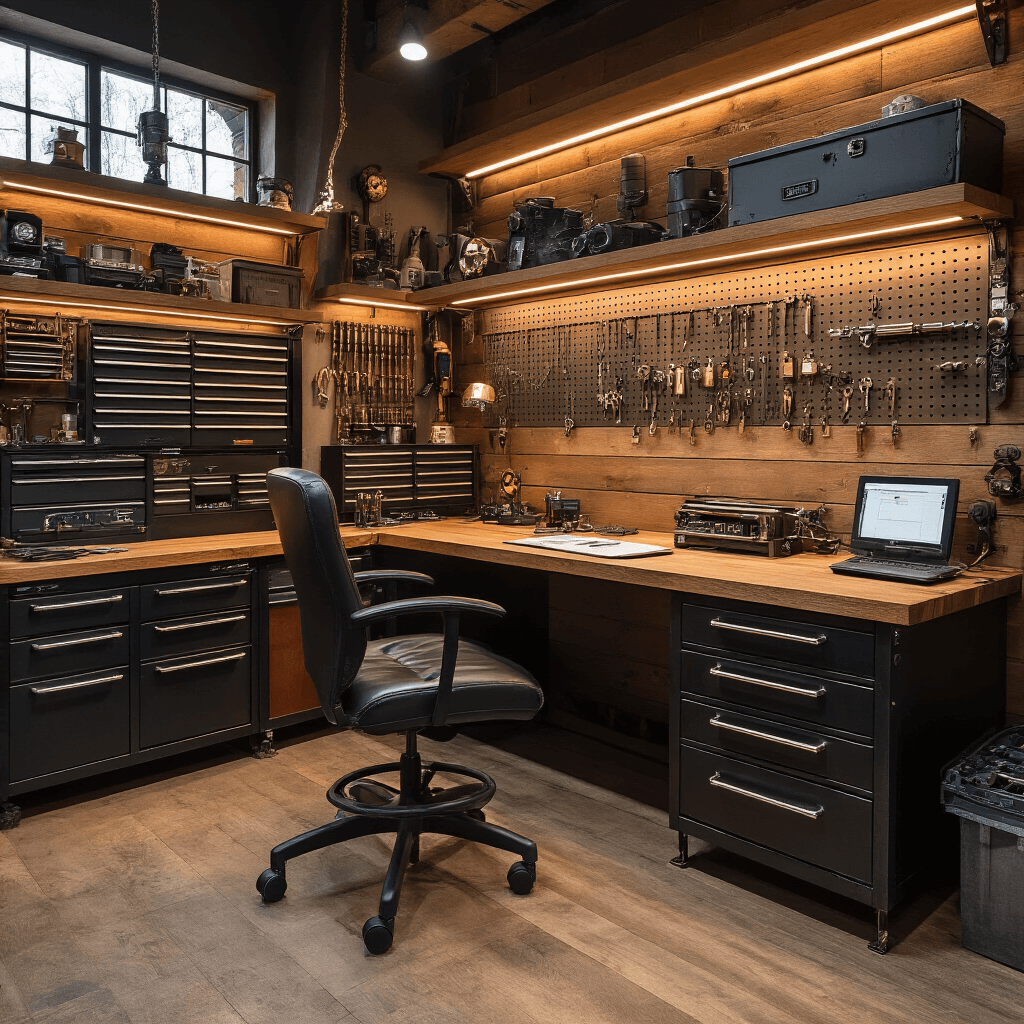 Intieme werkhoek met houten werkbank, vintage sleutelmachines en moderne diagnosescanners, verlicht door warme LED-spots, met gesorteerde autosleutels en elektronische componenten op een open wandsysteem. Detail van een programmeerstation met autosleutel en chip-componenten, gefotografeerd vanuit een dramatisch laag perspectief.