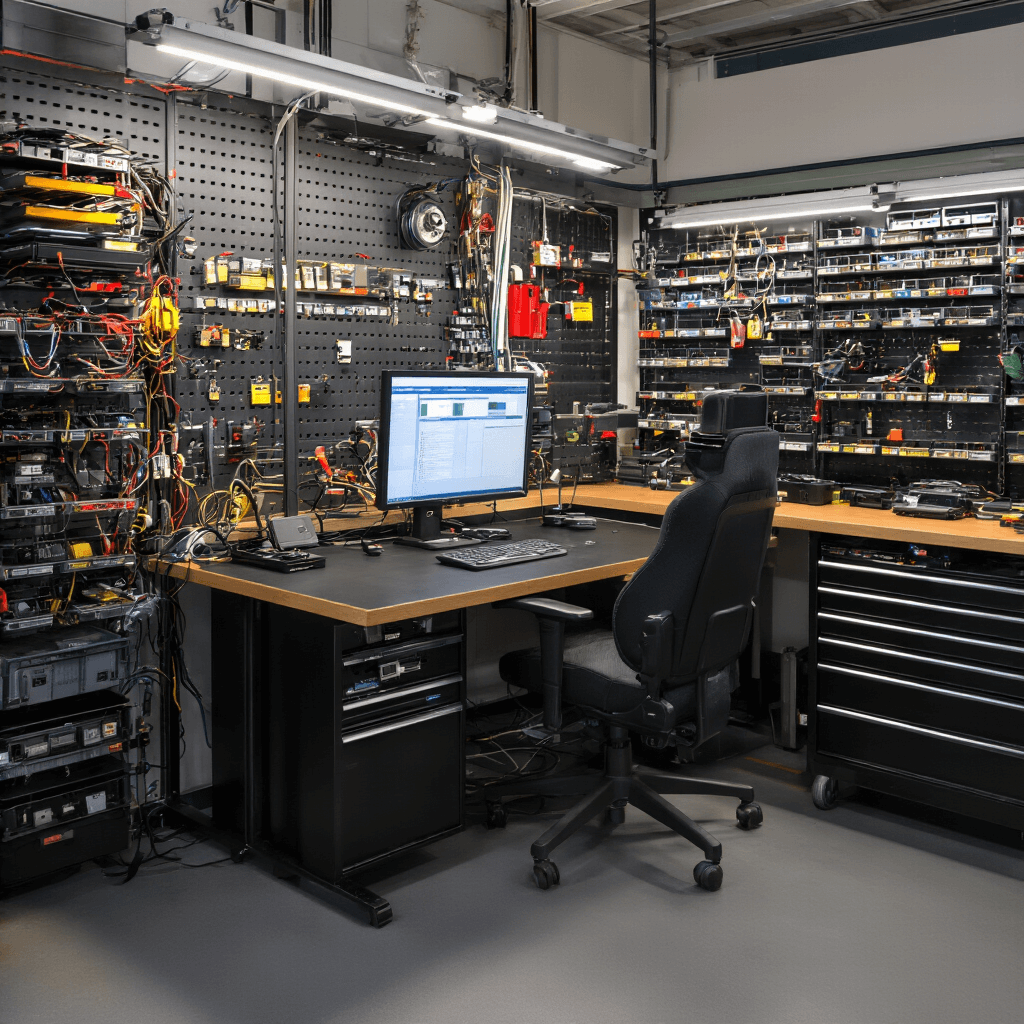 Wat te Doen Als Je Autosleutel Vergeten Bent: Praktische Oplossingen Intieme programmeerhoek in een autotechnische werkplaats met ergonomische werkstoel, L-vormig bureau en specialistische apparatuur voor autosleutels, verlicht door warme LED-spots.