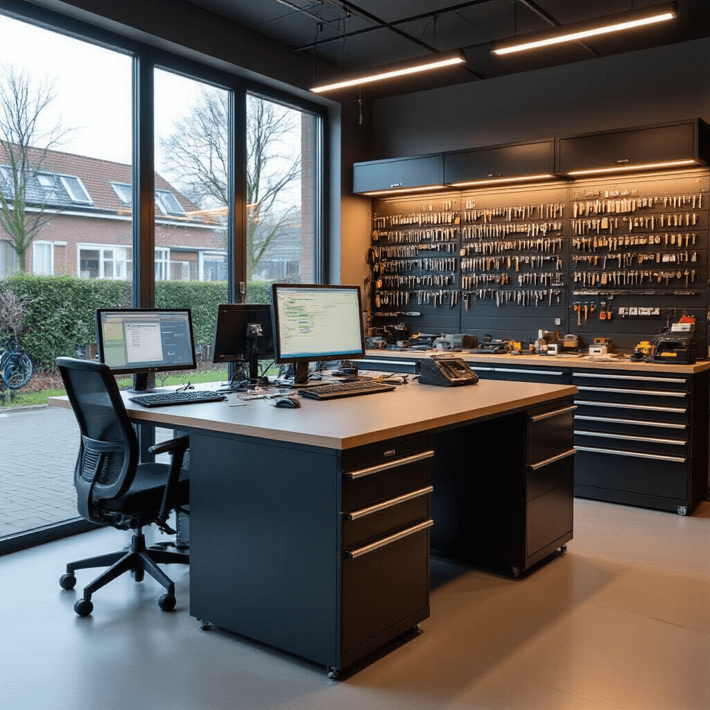 Moderne sleutelservice werkplaats met L-vormige RVS werkbank, diagnostische apparatuur en wandkasten vol sleutelprofielen, technicus programmeert autosleutel.