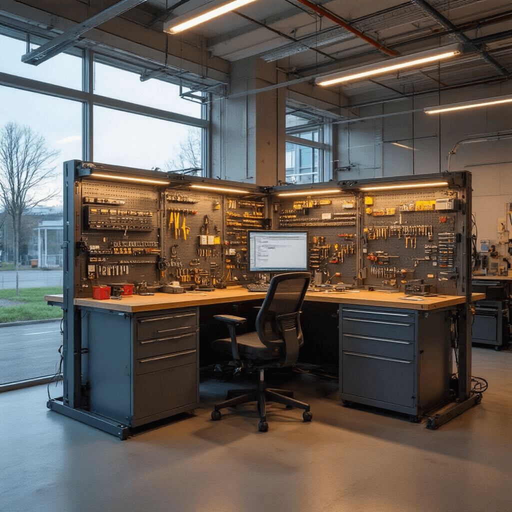 Intieme sleutelmaker-unit van 4x5 meter in een modern bedrijfsverzamelgebouw, met een custom-made werkstation, industriële metalen opbergsystemen en een glazen vitrine voor autosleuteltechnologie, verlicht door warme LED-spots.