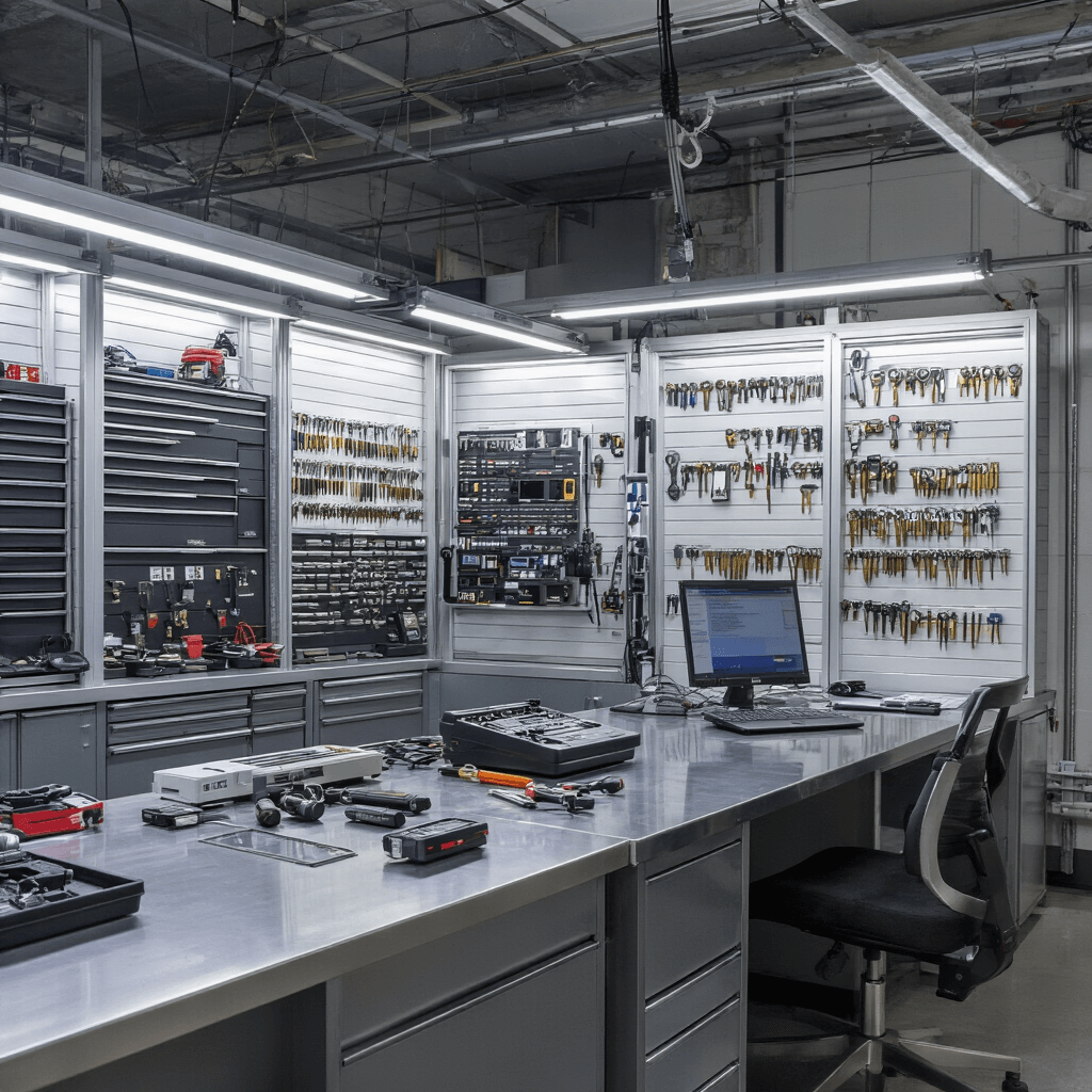 Moderne sleutelservice werkplaats met L-vormige RVS werkbank, digitale displays en geordende wandkasten, stralend in high-tech uitstraling met grijstinten en blauwe LED-accenten.