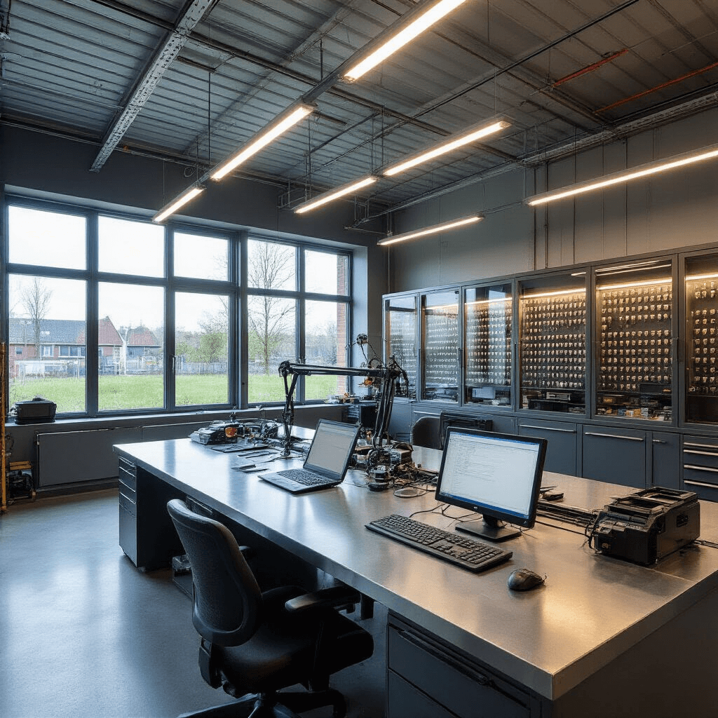 Moderne sleutelmakerswerkplaats met L-vormige werkbank van geborsteld staal, grote ramen, en industriële inrichting in grijstinten en blauw, met diagnostische apparaten en glazen vitrinekasten vol autosleutels.
