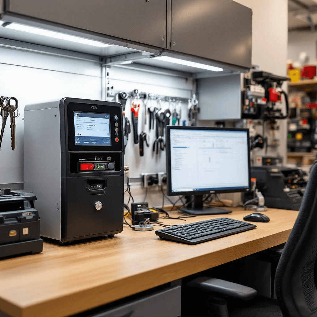 Compacte sleutelservice ruimte met moderne sleutelprogrammeerstation, warme LED-verlichting, precisie-instrumenten op houten werkblad, wandkasten met elektronische sleutelcomponenten, 32-inch monitor en industriële betonvloer, gefotografeerd vanuit heuphoogte.