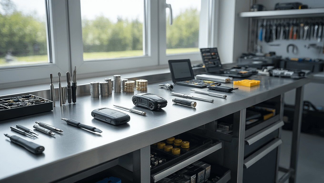 Hoe vervang je de batterij van je autosleutel in 6 makkelijke stappen Een fotorealistisch beeld van een moderne werkplek voor het repareren van autosleutels, met een L-vormige roestvrijstalen werkbank verlicht door natuurlijk licht. De werkbank bevat precisie-instrumenten, een gedemonteerde autosleutel met zichtbare interne componenten en verschillende knoopcelbatterijen (CR2032 en CR2025) georganiseerd. Diagnostische apparatuur en een displaykast met verschillende soorten autosleutels zijn aanwezig, met een schone, professionele uitstraling en warme verlichting.