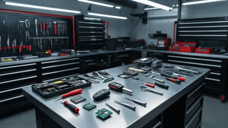 Fotorealistisch beeld van een moderne autosleutelreparatieworkshop met een L-vormige roestvrijstalen werkbank, gespecialiseerde gereedschappen, een gedemonteerde autosleutel, een grote diagnostische machine en kleurgecodeerde sleutelblanks, alles verlicht door industrieel LED-licht.