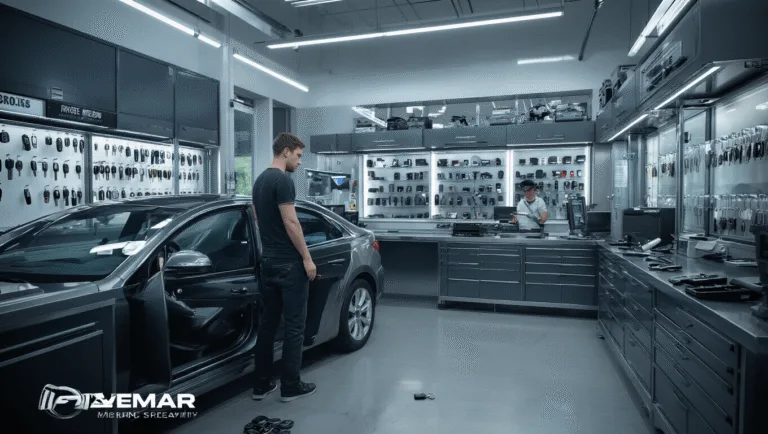 Een gefrustreerde persoon staat naast een afgesloten auto in een moderne autosleutelswerkplaats, met de sleutels zichtbaar op de bestuurdersstoel. De ruimte heeft een L-vormige roestvrijstalen werkbank, verschillende sleutelsnijdmachines en diagnoseapparatuur, met glazen vitrines die auto sleutels en fobs tonen. Natuurlijk daglicht valt binnen via grote ramen, aangevuld met LED-spots. Op de achtergrond werkt een technicus aan het programmeren van een autosleutel.