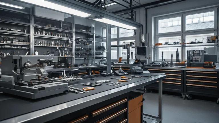 Moderne autosleutel reparatieworkshop met een L-vormige roestvrijstalen werkbank, high-tech apparatuur en gereedschap, en een groot assortiment aan verschillende autosleutelmodellen, verlicht door warme LED-verlichting.