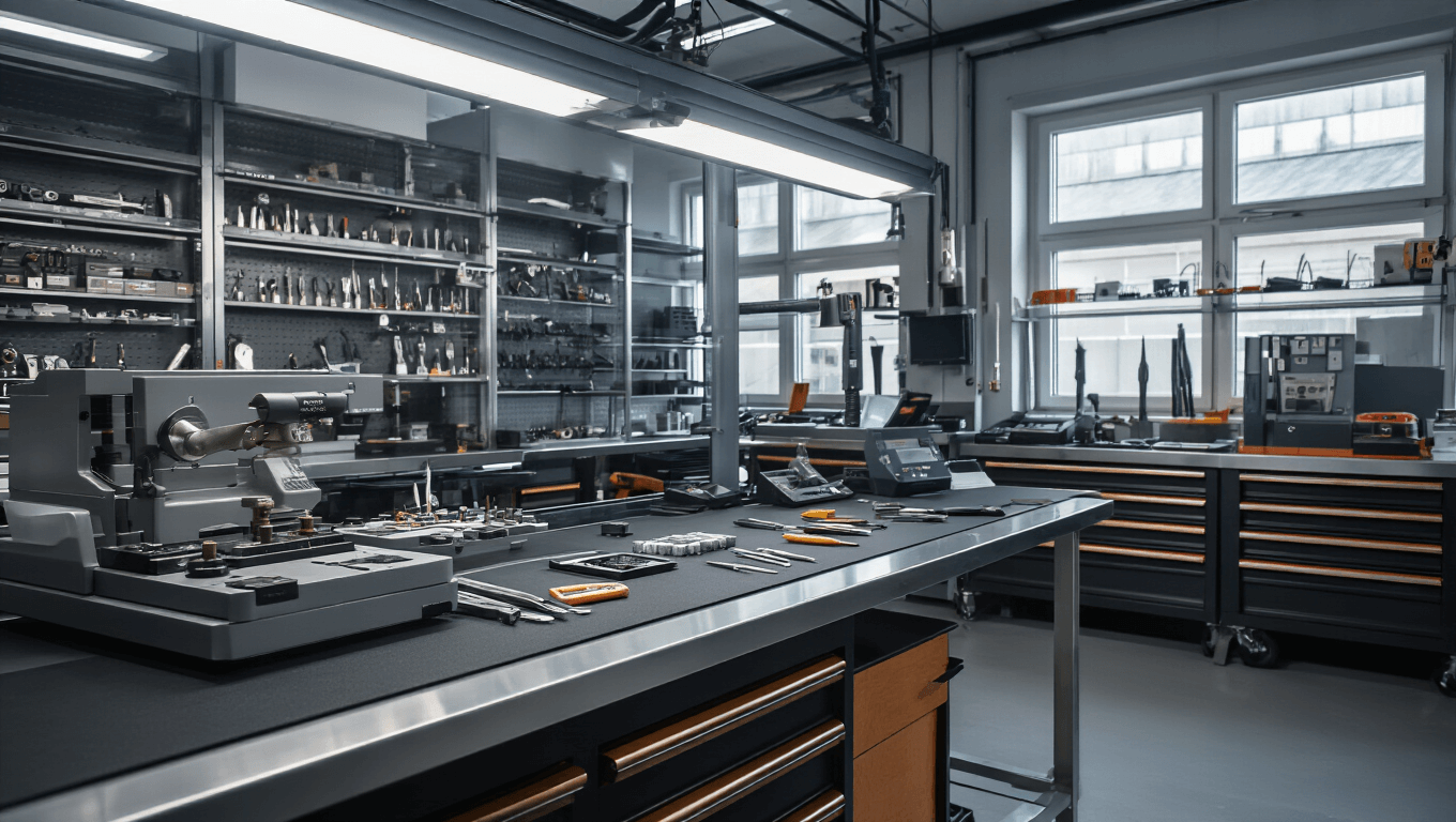 Hoe vervang je het sleutelblad van je autosleutel? Een complete gids Moderne autosleutel reparatieworkshop met een L-vormige roestvrijstalen werkbank, high-tech apparatuur en gereedschap, en een groot assortiment aan verschillende autosleutelmodellen, verlicht door warme LED-verlichting.