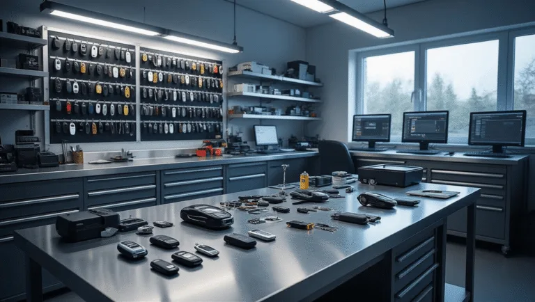 Fotorealistische afbeelding van een moderne autosleutelreparatiewerkplaats met een L-vormige roestvrijstalen werkbank vol autosleutels, elektronische componenten en gespecialiseerde gereedschappen. Een technicus vervangt voorzichtig een knoopcelbatterij in een autosleutel met behulp van een precisieschroevendraaier en vergrootglas.