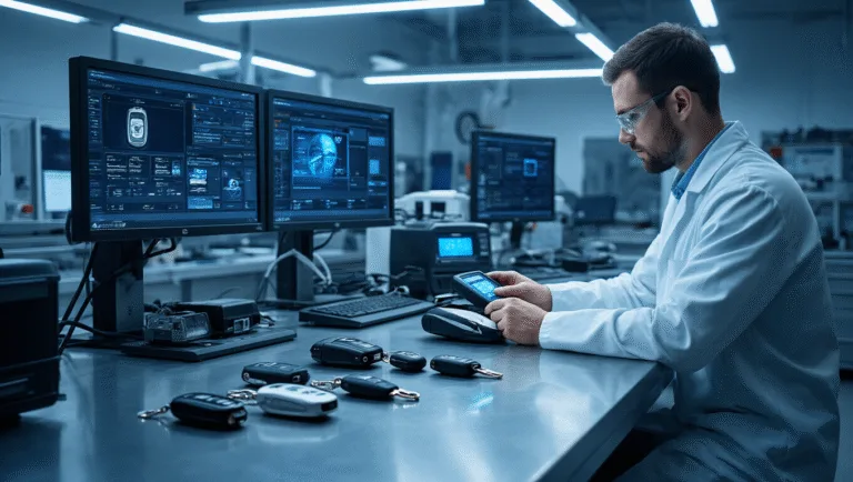 Fotorealistisch beeld van een moderne automotive diagnostische werkplaats met geavanceerde apparatuur voor autosleutelprogrammering, met een technicus in een witte laboratoriumjas die een luxe autosleutelfob programmeert op een stijlvolle werkbank.
