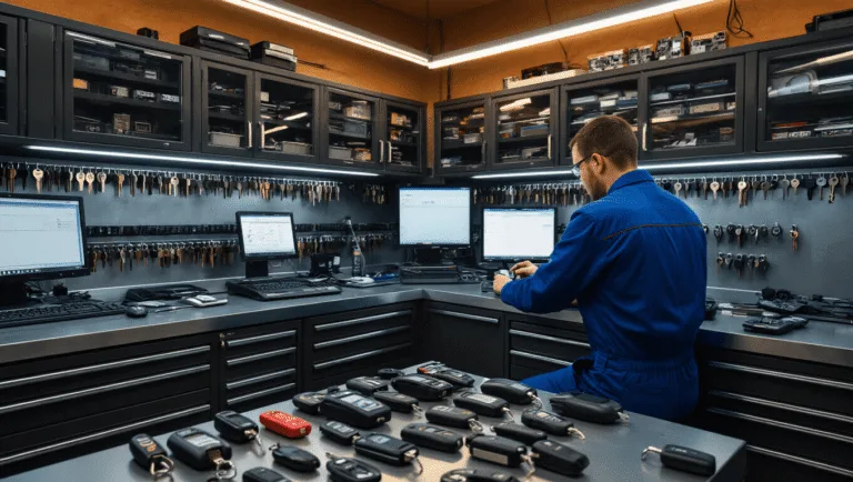 Fotorealistische afbeelding van een moderne sleutelservice werkplaats in Leiden, met een technicus in een blauw uniform die een autosleutel programmeert aan een roestvrijstalen L-vormige werkbank, omringd door diagnostische apparatuur en sleutels.