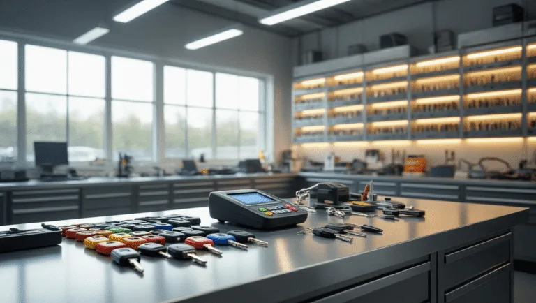 Fotorealistische afbeelding van een moderne sleutelservicewerkplaats met een L-vormige roestvrijstalen werkbank, verlicht door industriële verlichting en natuurlijk licht. Een aantal op kleur georganiseerde autosleutels en een geavanceerd sleutelprogrammeertoestel zijn zichtbaar op de werkbank. Op de achtergrond zijn rijen georganiseerde sleutelblanks in LED-verlichte displaykasten te zien, met een klant die door een glazen wand wordt geholpen door een vriendelijke technicus.