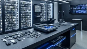 Close-up van een high-tech autosleutel-laboratorium bij nacht, met een matzwarte werkbank verlicht door koelblauwe LED-strips, een digitale sleutelknipmachine, en georganiseerde sleutels en transponderchips, benadrukt door warme verlichting en schaduwen.