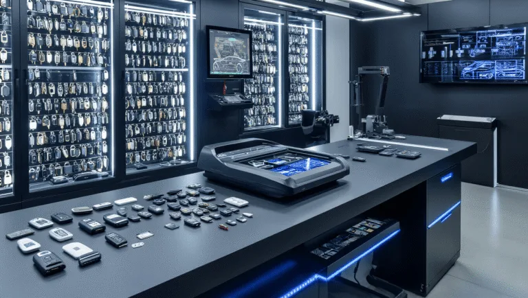 Close-up van een high-tech autosleutel-laboratorium bij nacht, met een matzwarte werkbank verlicht door koelblauwe LED-strips, een digitale sleutelknipmachine, en georganiseerde sleutels en transponderchips, benadrukt door warme verlichting en schaduwen.