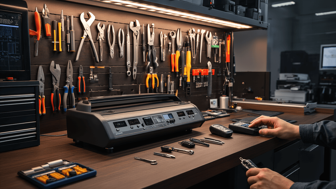 Autosleutels met Afstandsbediening: Alles Wat Je Moet Weten Fotorealistisch beeld van een moderne autosleutelprogrammeerstation in een locksmith werkplaats, met een donker eiken werkbank, geavanceerd programmeersysteem, nauwkeurige gereedschappen en een warm verlichte sfeer.