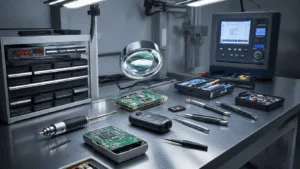 Fotorealistische afbeelding van een moderne autosleutelreparatielaboratorium met een roestvrijstalen werktafel. De afbeelding toont een gedemonteerde autosleutel met een circuitbord onder een vergrootglas, precisie soldeerapparatuur en geavanceerde diagnostische apparatuur. georganiseerd lades met vervangende circuitborden en glazen kasten met componenten op de achtergrond.