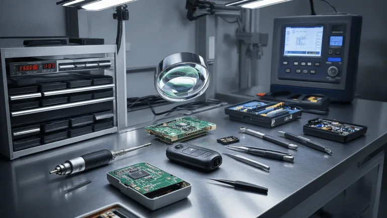Fotorealistische afbeelding van een moderne autosleutelreparatielaboratorium met een roestvrijstalen werktafel. De afbeelding toont een gedemonteerde autosleutel met een circuitbord onder een vergrootglas, precisie soldeerapparatuur en geavanceerde diagnostische apparatuur. georganiseerd lades met vervangende circuitborden en glazen kasten met componenten op de achtergrond.
