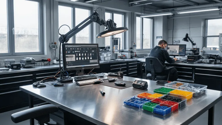 Fotorealistische weergave van een moderne autosleutelreparatieworkshop met een L-vormige roestvrijstalen werkbank, precisietools, en een technicus die een autosleutelcircuitbord bewerkt, omgeven door diagnostische apparatuur en een schone, professionele sfeer.