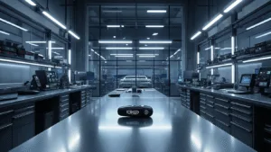 Fotorealistisch beeld van een moderne autosleutelwerkplaats met industrieel ontwerp, grote glazen facade, roestvrijstalen werkbanken, geavanceerde programmeerapparatuur en georganiseerde sleutelblanks op de achtergrond. Professionele verlichting in koele grijstinten en technische blauwtonen benadrukt de metalige texturen en creëert diepte, met een technicus die een moderne autosleutelfob programmeert op de centrale werkbank.