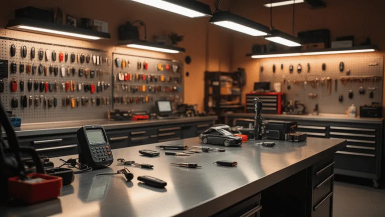 Moderne autosleutel reparatieworkshop met een L-vormige roestvrijstalen werkbank vol precisiegereedschap. Een technicus werkt aan een ontmantelde autosleutelfob, omringd door een wand met autosleutels en kleurrijke lade met elektronische componenten. Warme verlichting en planten zorgen voor een uitnodigende sfeer.