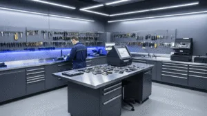 Modern sleutel snijwerkplaats met geavanceerde apparatuur, een L-vormige roestvrijstalen werkbank, georganiseerde kasten, technicus met autosleutels en digitale displays.