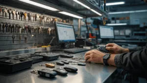 Fotorealistisch beeld van een moderne autosleutelwerkplaats met een L-vormige roestvrijstalen werkbank, diagnostische apparatuur en gesorteerde autosleutels in een industrieel ingerichte ruimte. Technicus aan het werk met een autosleutel, met wazige achtergrond van computers en sleutel-snijders. Warme kleuren en metalen accenten creëren een uitnodigende, professionele sfeer.