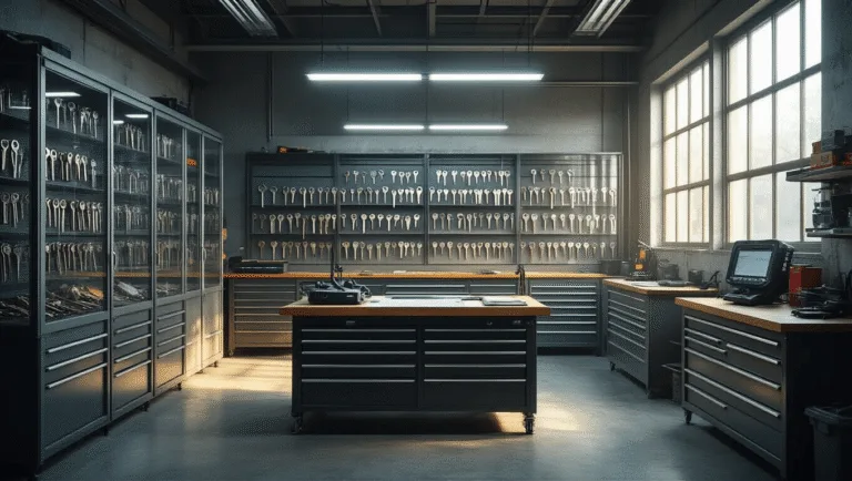 "Fotorealistisch interieur van een moderne sleutelservice werkplaats met industriële sfeer. Centraal werkstation verlicht door felle LED-lampen, met glazen vitrines vol lege sleutels en metaal gereedschapskasten op de achtergrond. Ochtendzon valt door de ramen en benadrukt de texturen van verschillende materialen."