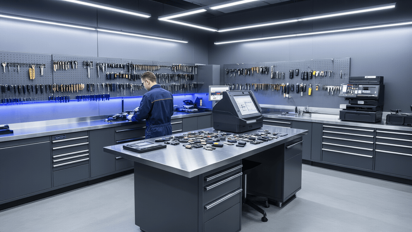 Autosleutel Bijmaken in Amstelveen: Snel, Makkelijk en Betaalbaar Modern sleutel snijwerkplaats met geavanceerde apparatuur, een L-vormige roestvrijstalen werkbank, georganiseerde kasten, technicus met autosleutels en digitale displays.