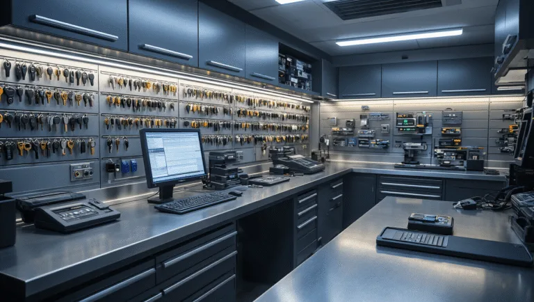Een gedetailleerd, fotorealistisch beeld van een moderne autosleutelwerkplaats met een L-vormige roestvrijstalen werkbank, geavanceerde diagnosecomputer en sleutelknipmachines, verlicht door warme LED-verlichting in een technisch blauw en grijs kleurpalet.