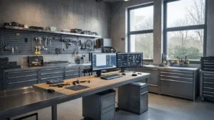 Photorealistisch beeld van een moderne slotenmakerij in Zoetermeer, met een L-vormige werkbank van geborsteld staal, een geavanceerd sleutelprogrammeerstation, en digitale apparatuur, verlicht door natuurlijke lichtinval en warme LED-verlichting.