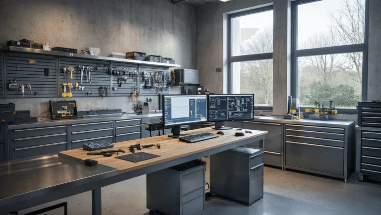 Photorealistisch beeld van een moderne slotenmakerij in Zoetermeer, met een L-vormige werkbank van geborsteld staal, een geavanceerd sleutelprogrammeerstation, en digitale apparatuur, verlicht door natuurlijke lichtinval en warme LED-verlichting.