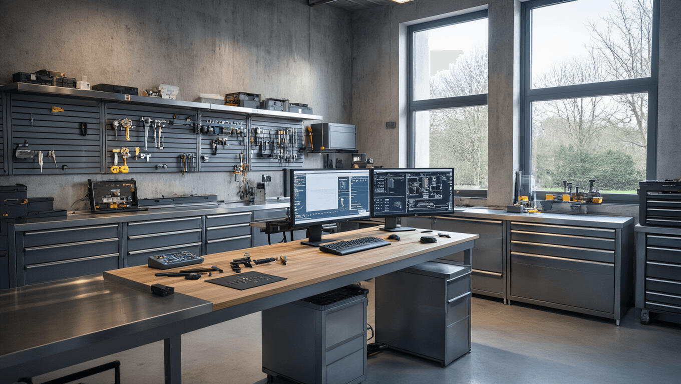 Autosleutel Bijmaken in Zoetermeer: Snel, Goedkoop en Vakkundig Photorealistisch beeld van een moderne slotenmakerij in Zoetermeer, met een L-vormige werkbank van geborsteld staal, een geavanceerd sleutelprogrammeerstation, en digitale apparatuur, verlicht door natuurlijke lichtinval en warme LED-verlichting.