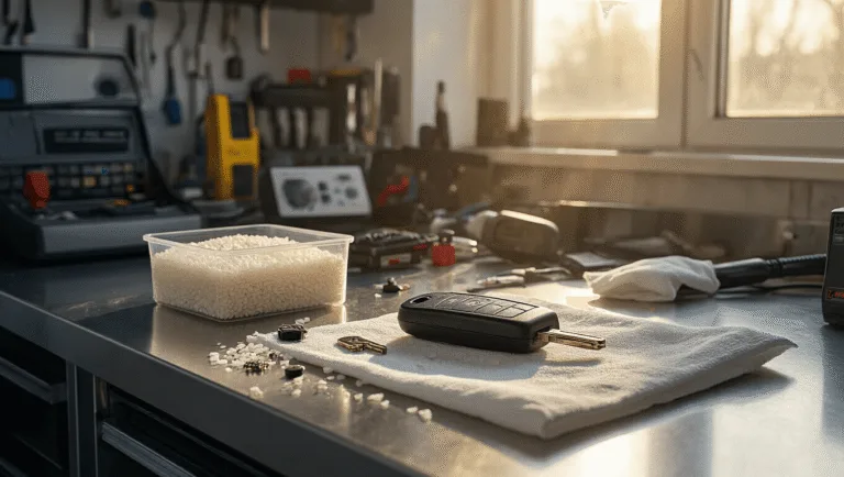 Photorealistische afbeelding van een moderne autosleutel reparatiewerkplaats met een gedemonteerde elektronische autosleutel op een roestvrijstalen L-vormige werkbank, omringd door rijst, silica gel en professioneel gereedschap.