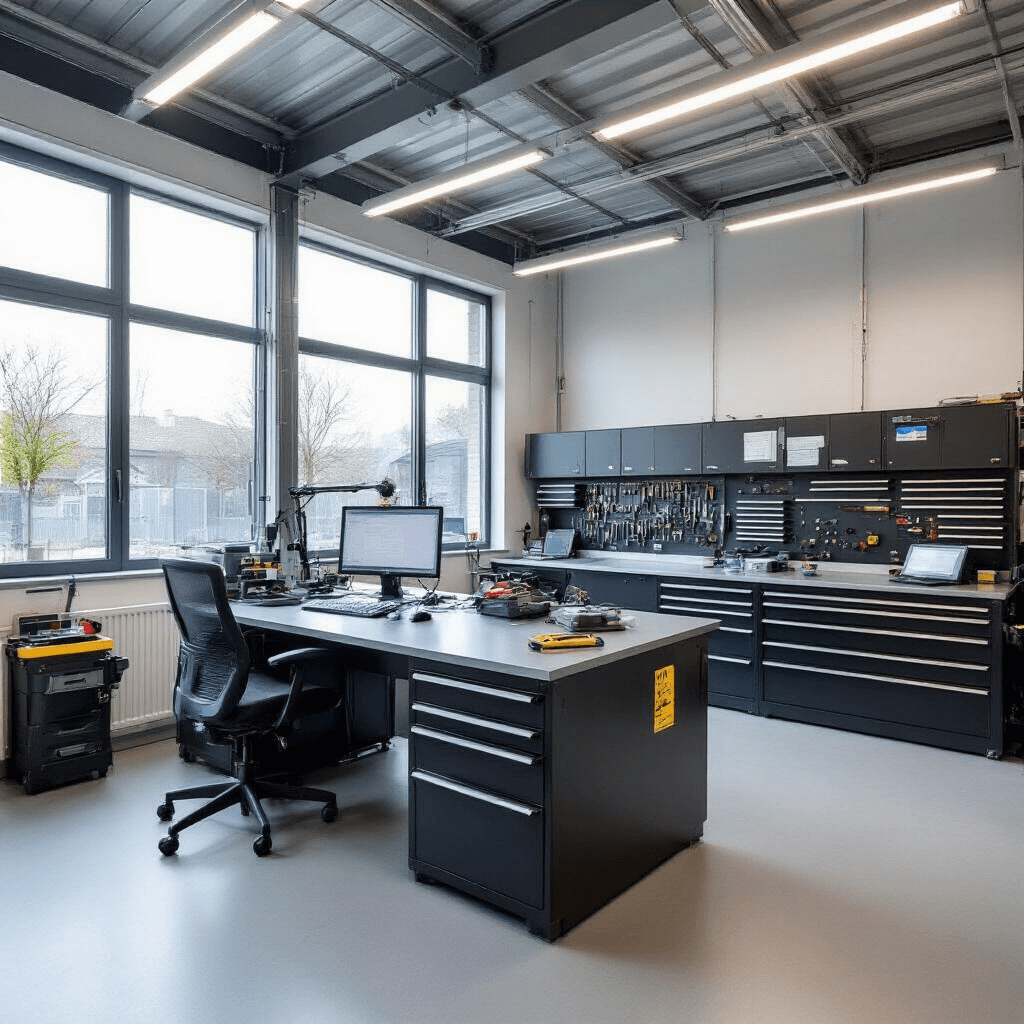 Moderne autosleutelwerkplaats met L-vormige RVS werkbank, diagnosetools, wandkasten vol transponders, en precisie-apparatuur voor sleutelcodering in een lichte, professionele omgeving.