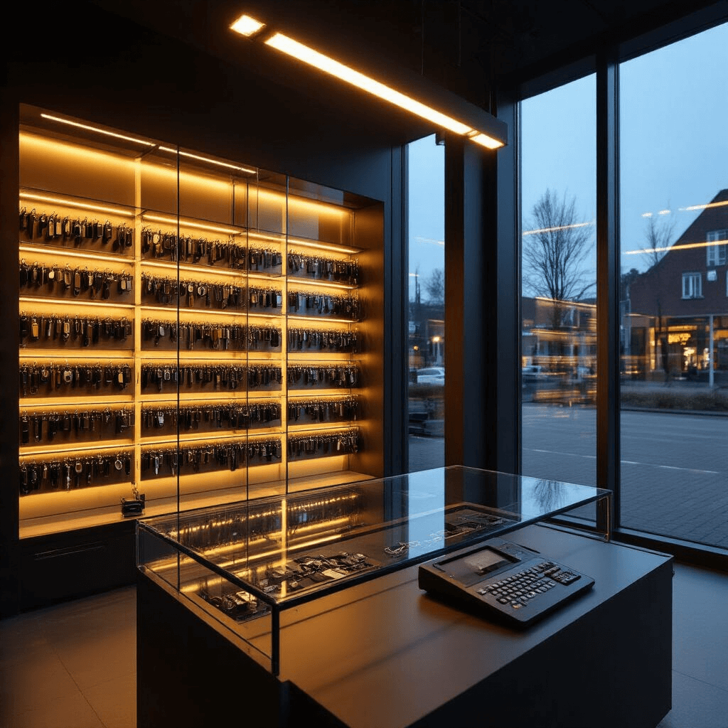 Intieme sleutelservicebalie met warme spotverlichting, glazen toonbank met autosleutels en LED-strips, wandvullend opbergsysteem met sleutelprofielen, moderne programmeerapparatuur op zwart composiet werkblad, klantperspectief, dramatische avondverlichting, industrieel-chique uitstraling met koper- en titaniumaccenten.