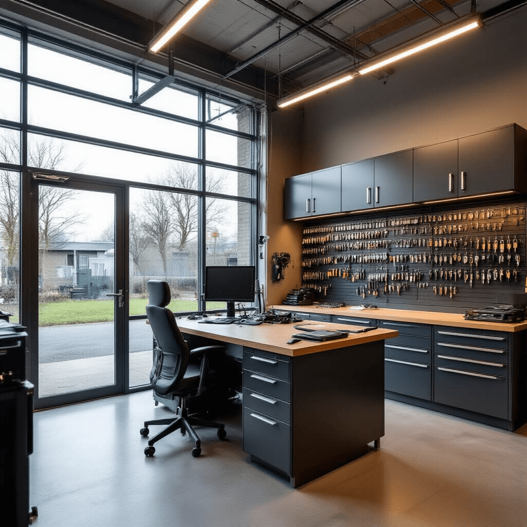 Moderne sleutelservice werkplaats met L-vormige RVS werkbank, diagnostische apparatuur, wandkasten met blanco sleutels, betonlook vloer, antracietgrijze wanden en koperkleurige accenten; close-up met focus op programmeerapparatuur en bokeh-effect.