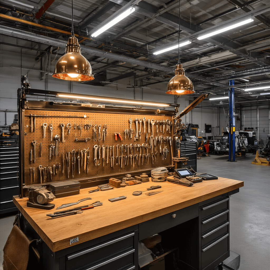 Intieme sleutelmakerhoek in moderne autogarage met houten werkbank, vintage lederen gereedschapsriem, transparante display van autosleutels, industriële hanglamp en technische handleidingen, gefotografeerd tijdens het gouden uurtje.