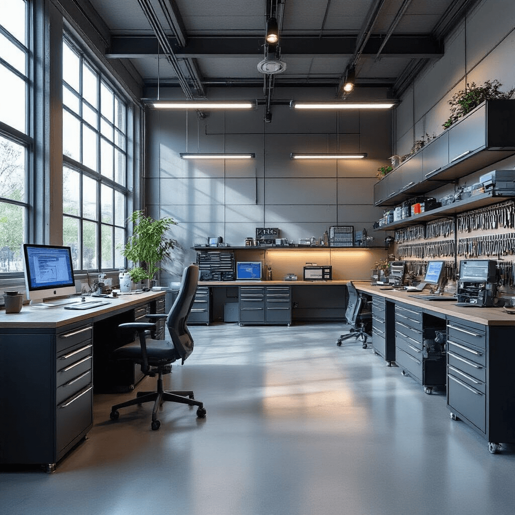 Interieur van een moderne autosleutelwerkplaats met L-vormige RVS werkbank, geavanceerde apparatuur, en wandrekken vol met blanco sleutels, verlicht door natuurlijk en kunstlicht.