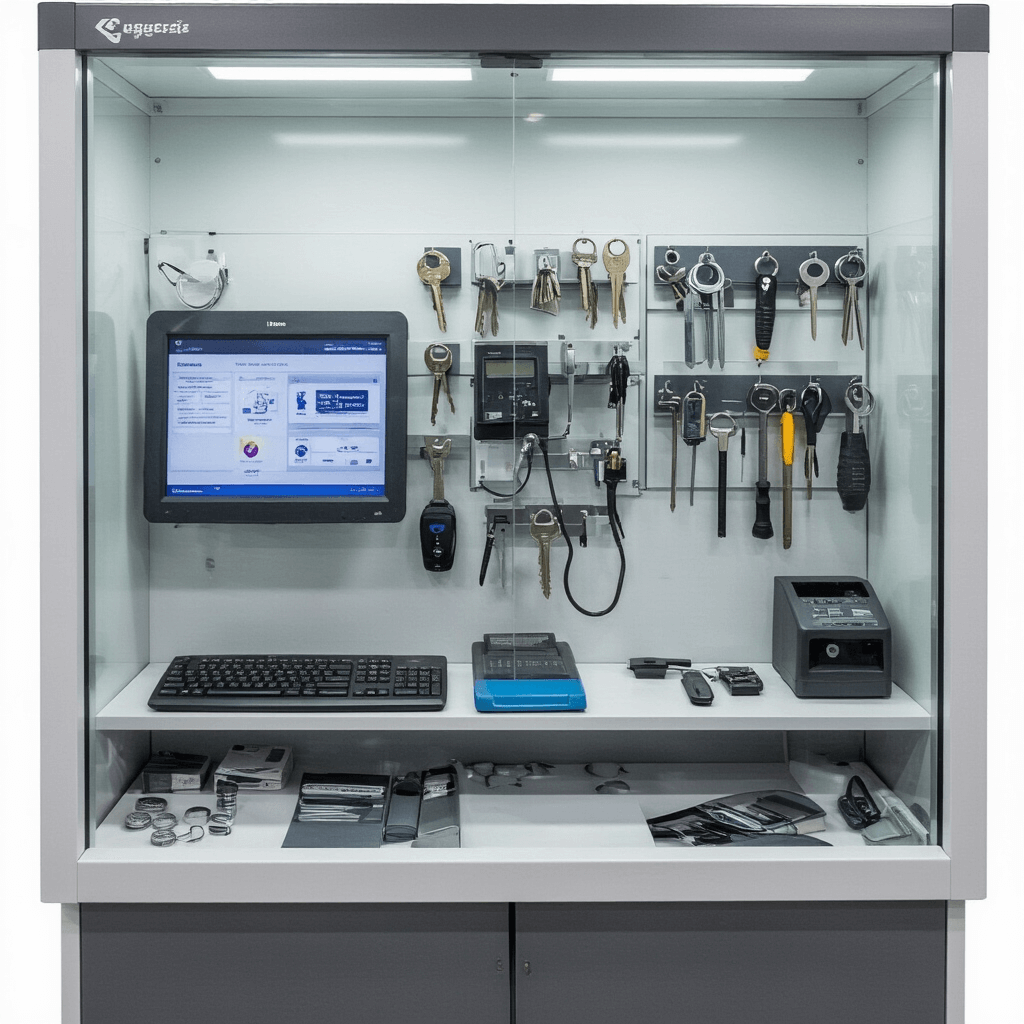 Compacte sleutelservicebalie met modern interieur en ochtendlicht, centrale diagnostische unit met touchscreen, vitrine met transpondersleutels, ordelijke werkplek met precisiegereedschap en digitale uitleesapparatuur, materialen in glas, hoogglans wit en geborsteld aluminium, kleuren in wit, zilver en antraciet met rode LED-accenten, vogelperspectief.