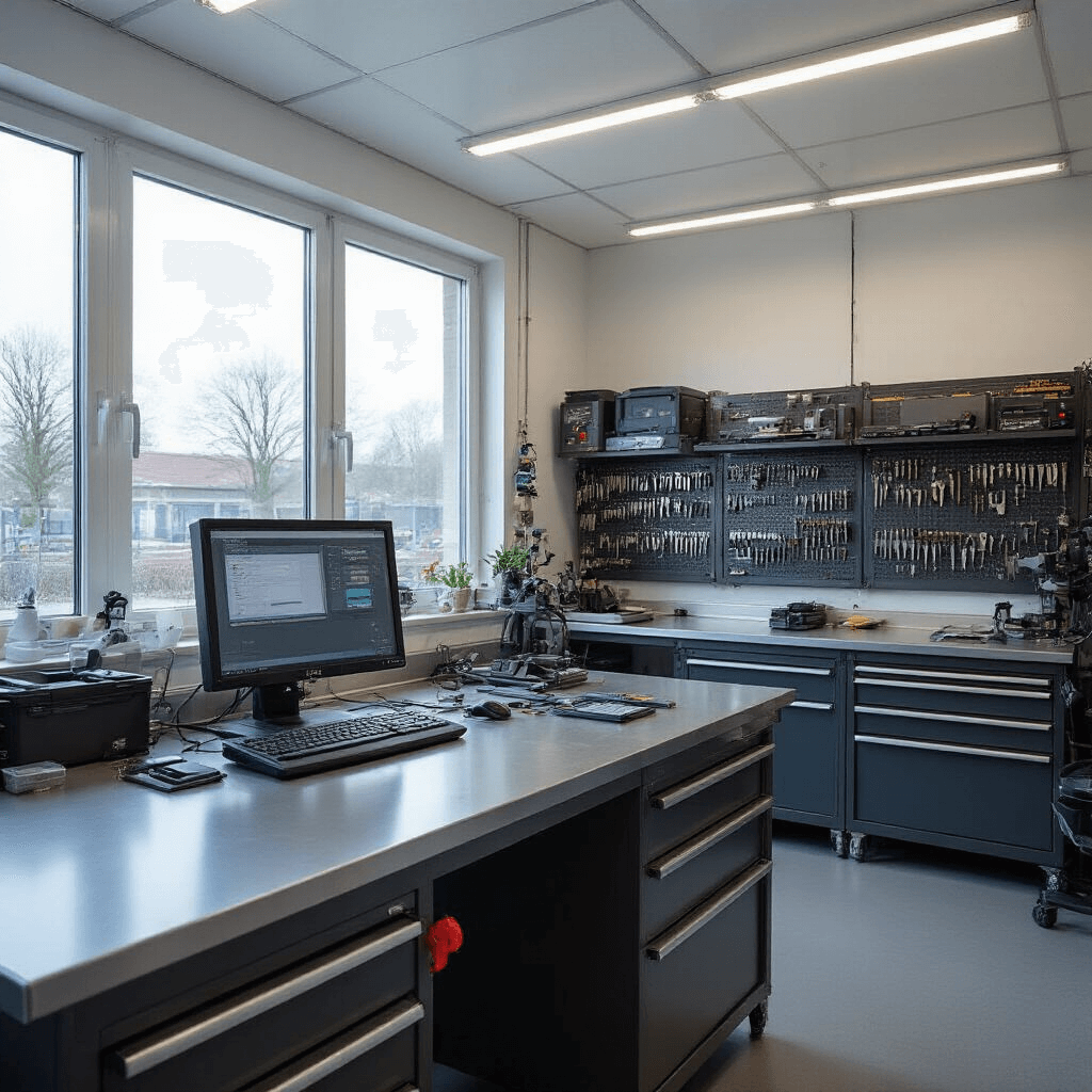 Moderne sleutelservice werkplaats met hoge plafonds, grote ramen, professionele RVS werkbank, geavanceerd diagnostisch apparaat, wandkasten met sleutelprofielen, digitale programmeeruitrusting, close-up van sleutelsnijmachine met LED-display, kleurenpalet in industrieel grijs, technisch blauw en clean wit. Hyperrealistische 4K rendering.