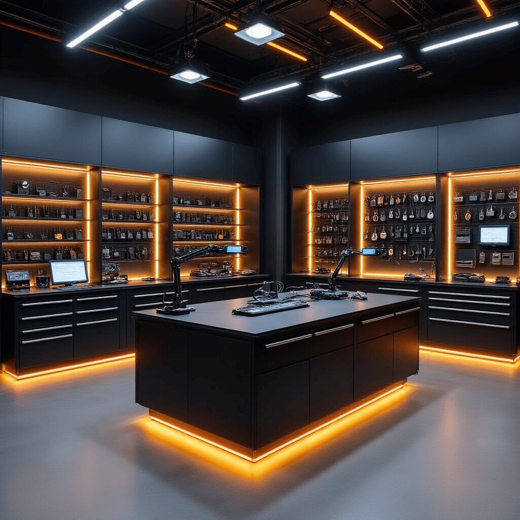 Interieur van een hightech autosleutelworkshop met LED-verlichting, een specialist die een autosleutel codeert, glazen vitrinekasten met transponderchips, en een wandvullend gereedschapspaneel, gezien vanuit een vogelperspectief van 45 graden.