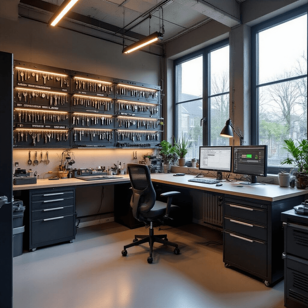 Interieur van een moderne slotenmakerswerkplaats met L-vormige RVS werkbank, gereedschapswand, programmeerstation voor autotransponders, en natuurlijk licht.