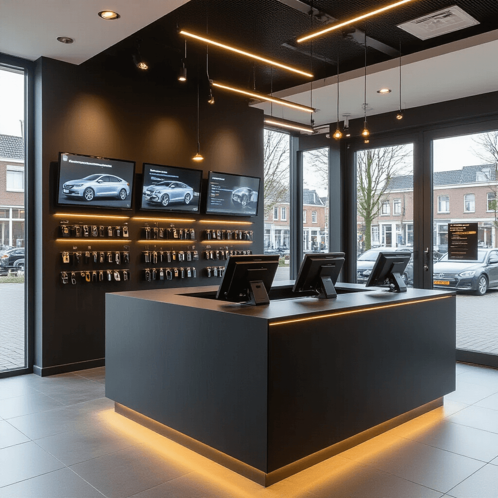 Moderne sleutelservice winkel met glazen pui en hoogglans zwarte tegelvloer, centraal een eiland-servicebalie met matzwart front en verlicht glazen werkblad, omringd door LED-displays van autosleutelmodellen en een interactief touchscreen, verlicht met warm LED-licht voor een high-end tech sfeer.