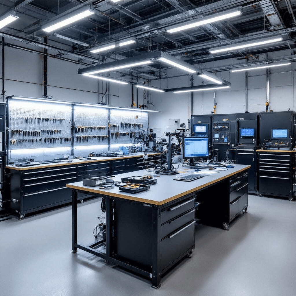 Moderne sleutelservicewerkplaats met glazen scheidingswand, verlichte werkbank voor autosleutels, industriële inrichting, en geordende wandkasten met blanco sleutels en transponderchips, gefocust op digitale programmatuur en diagnostische apparatuur.