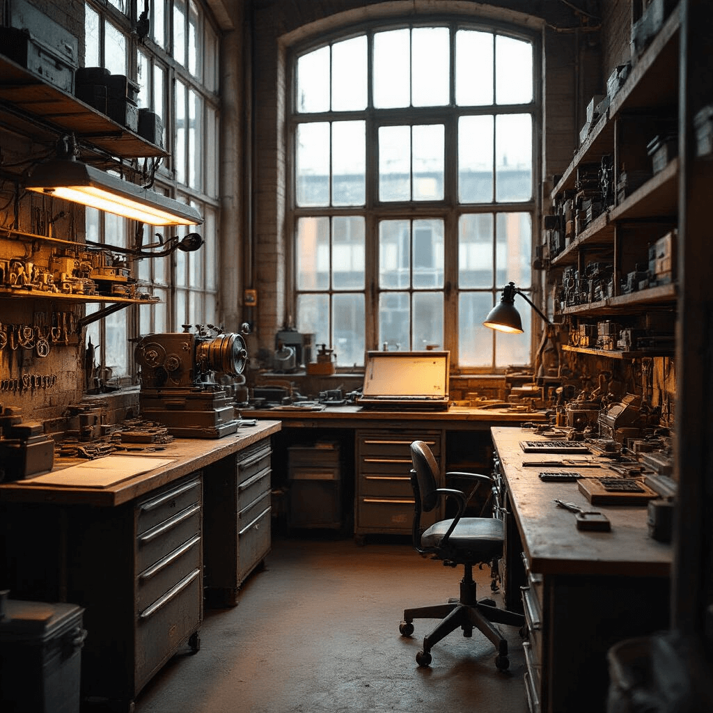 Compacte sleuteltechnicus werkplek met professionele sleutelfreesmachine, vintage archiefkasten vol autosleutels, microscoopstation en warm industrieel licht.