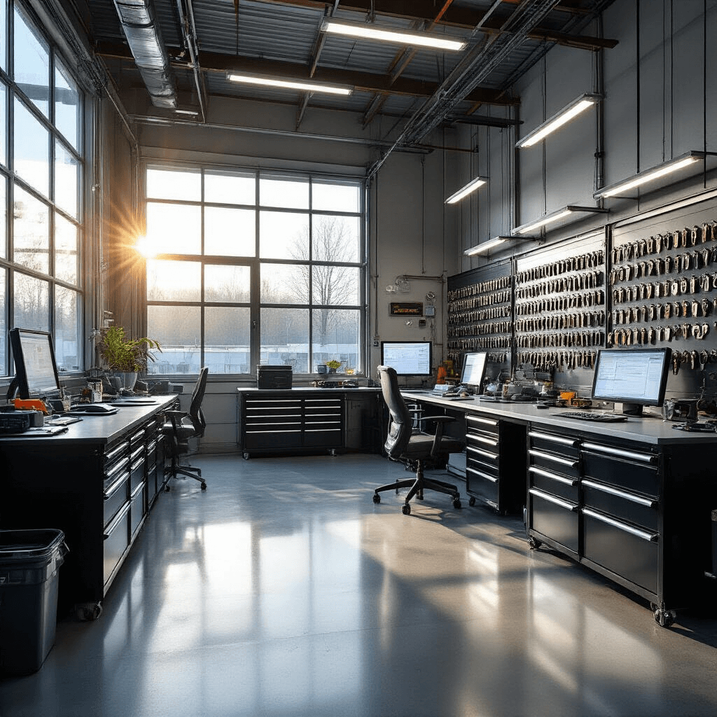 Autosleutel Bijmaken: Alles Wat Je Moet Weten Moderne autosleutelwerkplaats met industriëel design, grote ramen die middagzon binnenlaten, RVS werkbanken en high-tech programmeerapparaat. Georganiseerde gereedschapskasten, muurrekken met chroomkleurige sleutels, verlichte diagnostische computer en transponderapparatuur. Kleurenpalet van antraciet, staalgrijs en kobaltblauw accenten. Professional, klinische uitstraling met technische details.