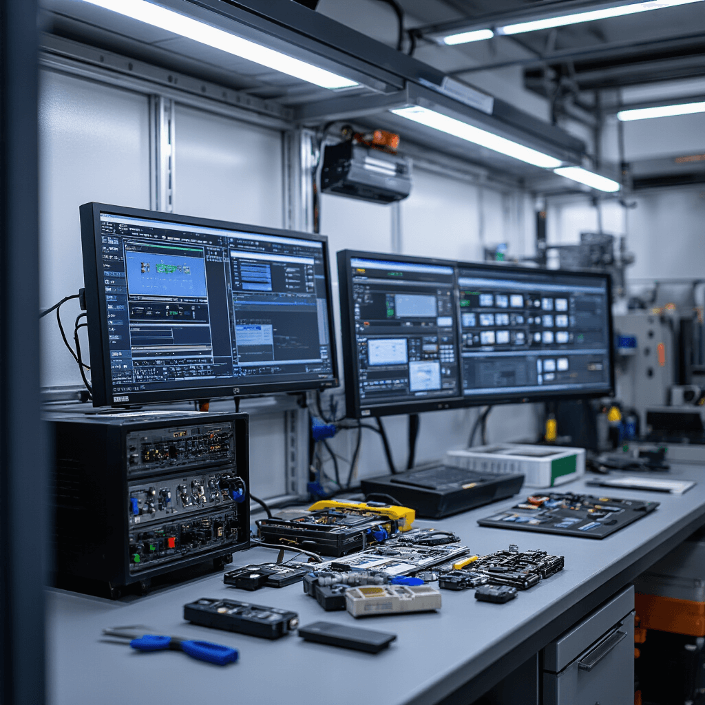 Autosleutel Bijmaken: Alles Wat Je Moet Weten Close-up van een sleutelprogrammeerstation in een moderne werkhoek, met een diagnosecomputer, programmeerapparaten, geordende handleidingen en een glazen werktafel vol autosleutelektronica, verlicht door indirect LED-plafondlicht in een vroege ochtendsfeer.